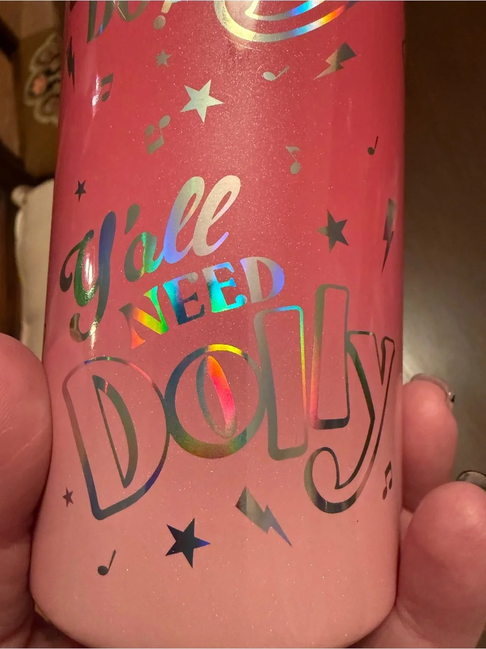 Dolly Parton Pink Slim Drink Holder Tumbler Gold Script WHAT WOULD DOLLY DO?